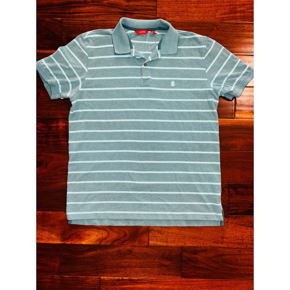 Izod Polo Shirt Mens Large Teal Blue Striped Excellent Short Sleeve Pique Logo